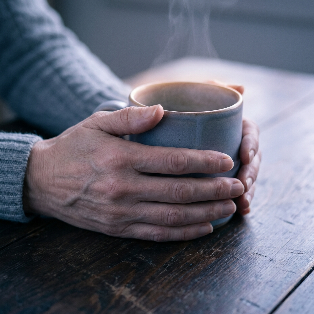 Hands holding a warm cup of coffee