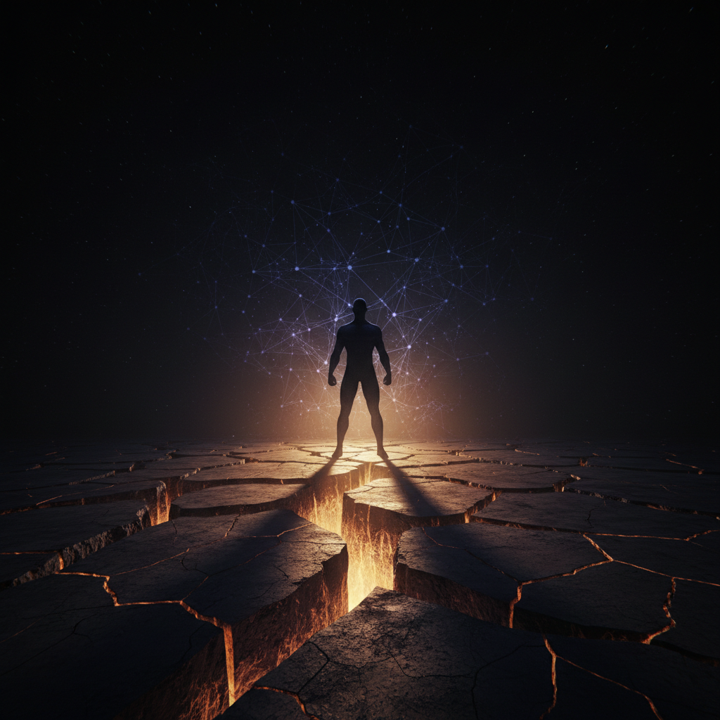 Person standing on cracking earth with neural energy, custom subliminal audio